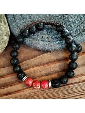 Handcrafted Chakra Bracelet Red Aqua Terra Jasper Black Lava